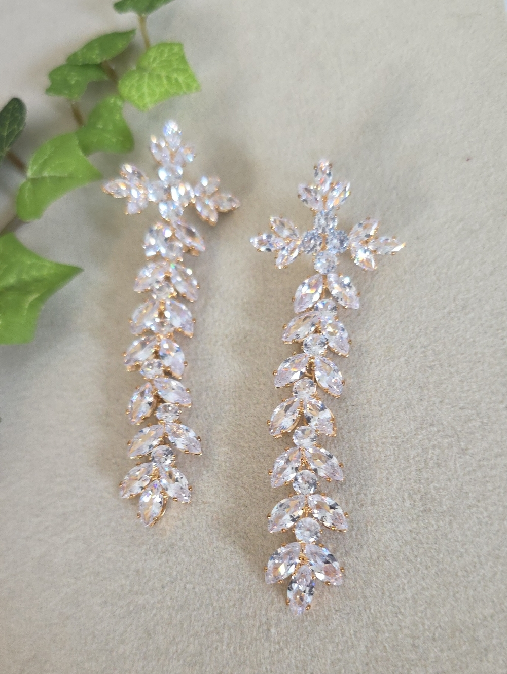 Cubic Zirconia Marquise Leaf Vine Statement Drop Earrings Gold Tone Bridal